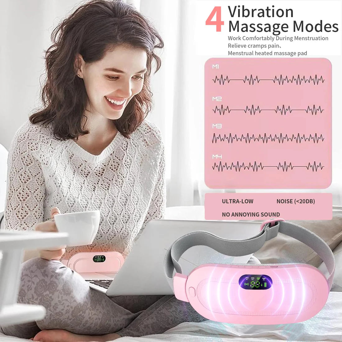 Nexila Heating Pad for Period Cramp Massager Portable Cordless Heating Pad with 4 Heat Levels and 3 Massage Modes for Back Pain Relief Menstrual Heating Pad (Pink)- 1 Year warranty
